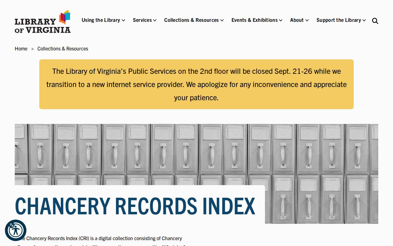 Virginia directory and family-history research with the Chancery Records Index locality map