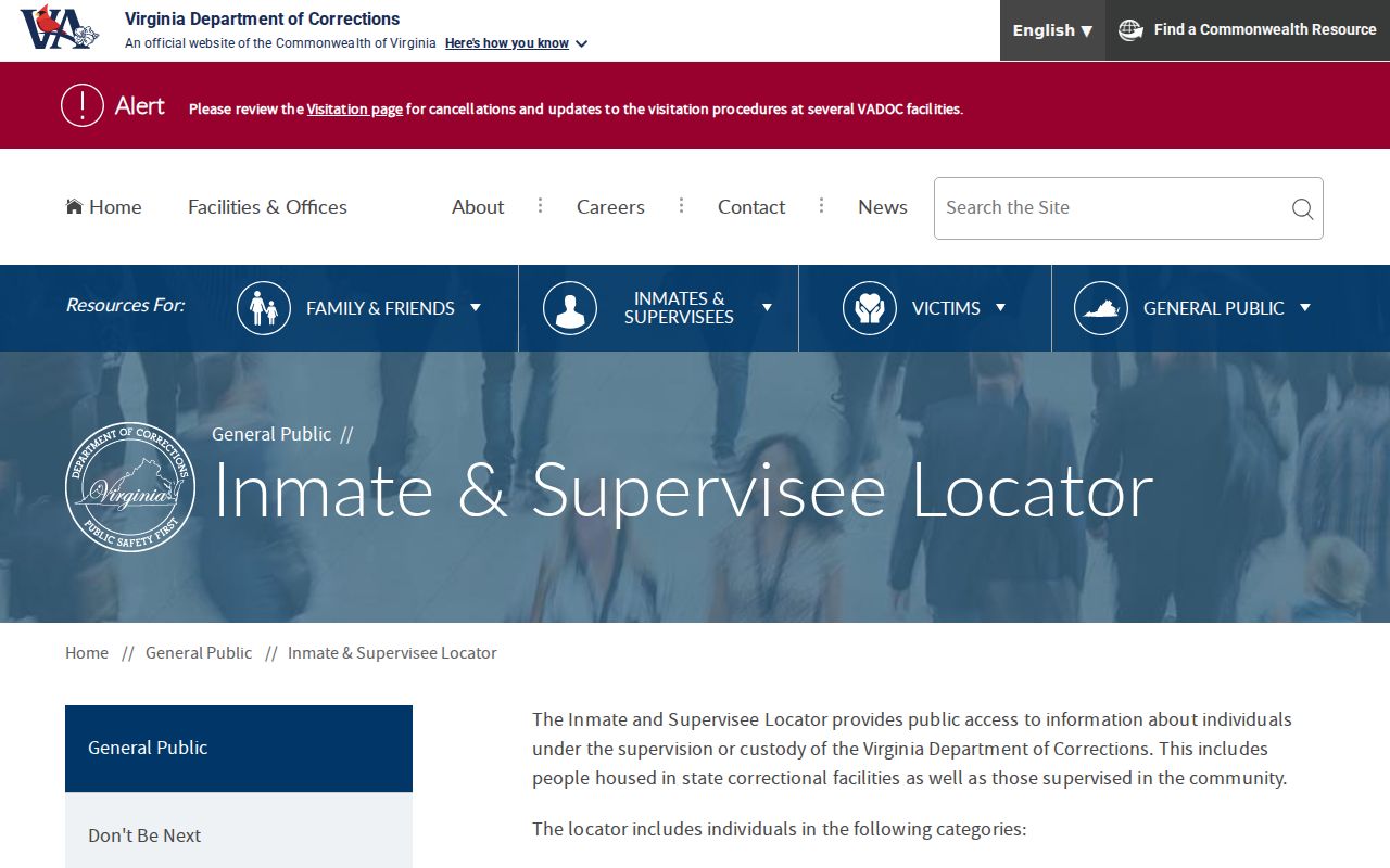 Virginia resident lookup view of DOC name, DOC-ID, and advanced search fields