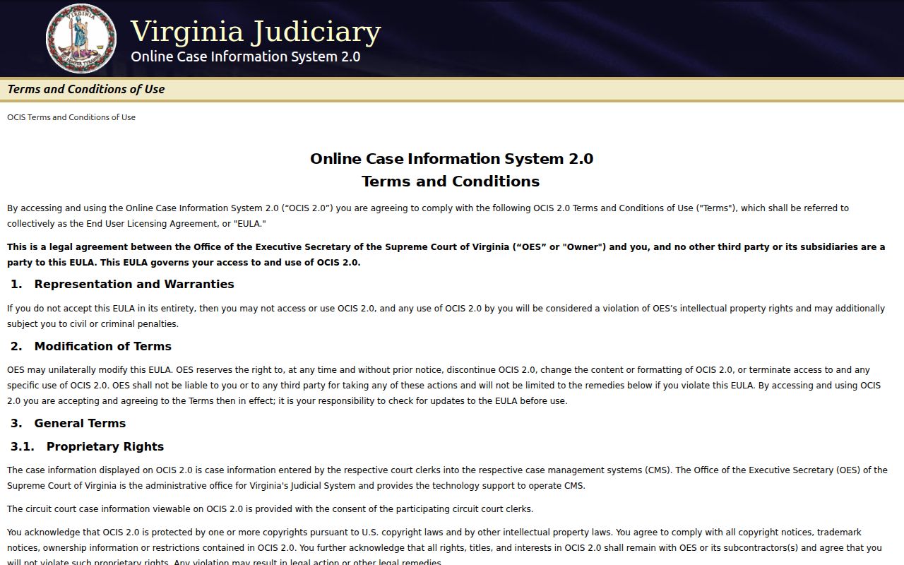 Virginia resident lookup view of the OCIS statewide criminal and traffic search