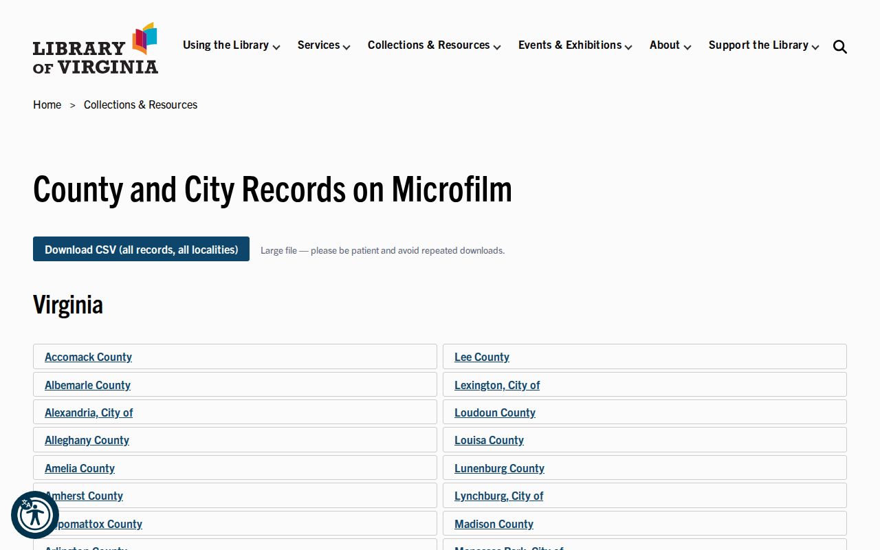 Virginia city directory and county microfilm access listed by locality