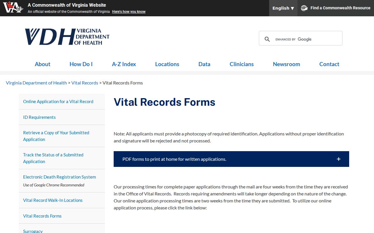 Virginia resident lookup links to birth, death, marriage, and divorce applications