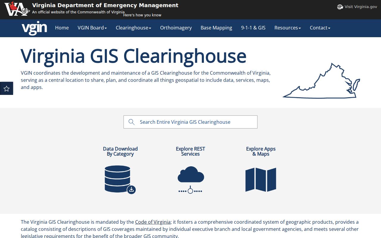 Virginia neighbors research begins at the GIS Clearinghouse map and data entry point