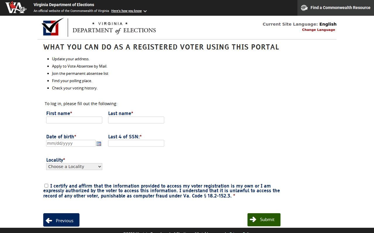 Virginia resident lookup voter self-service fields and authorization affirmation